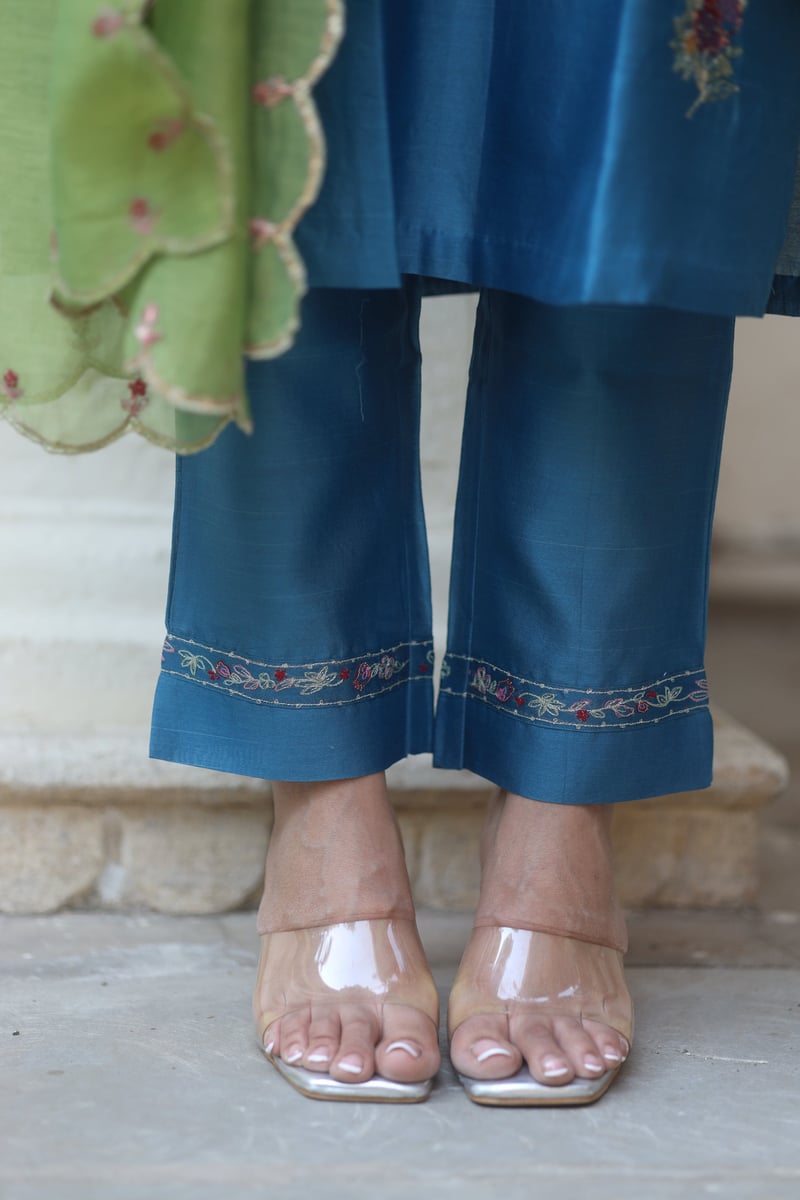 Prussian Blue Chanderi Embroidered Kurta Set with Dupatta