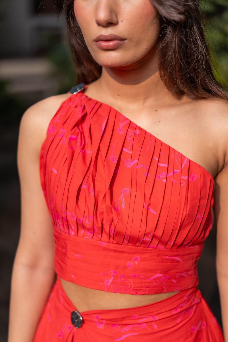 Red One-Shoulder Pleated Top and Maxi Skirt Co-ord Set