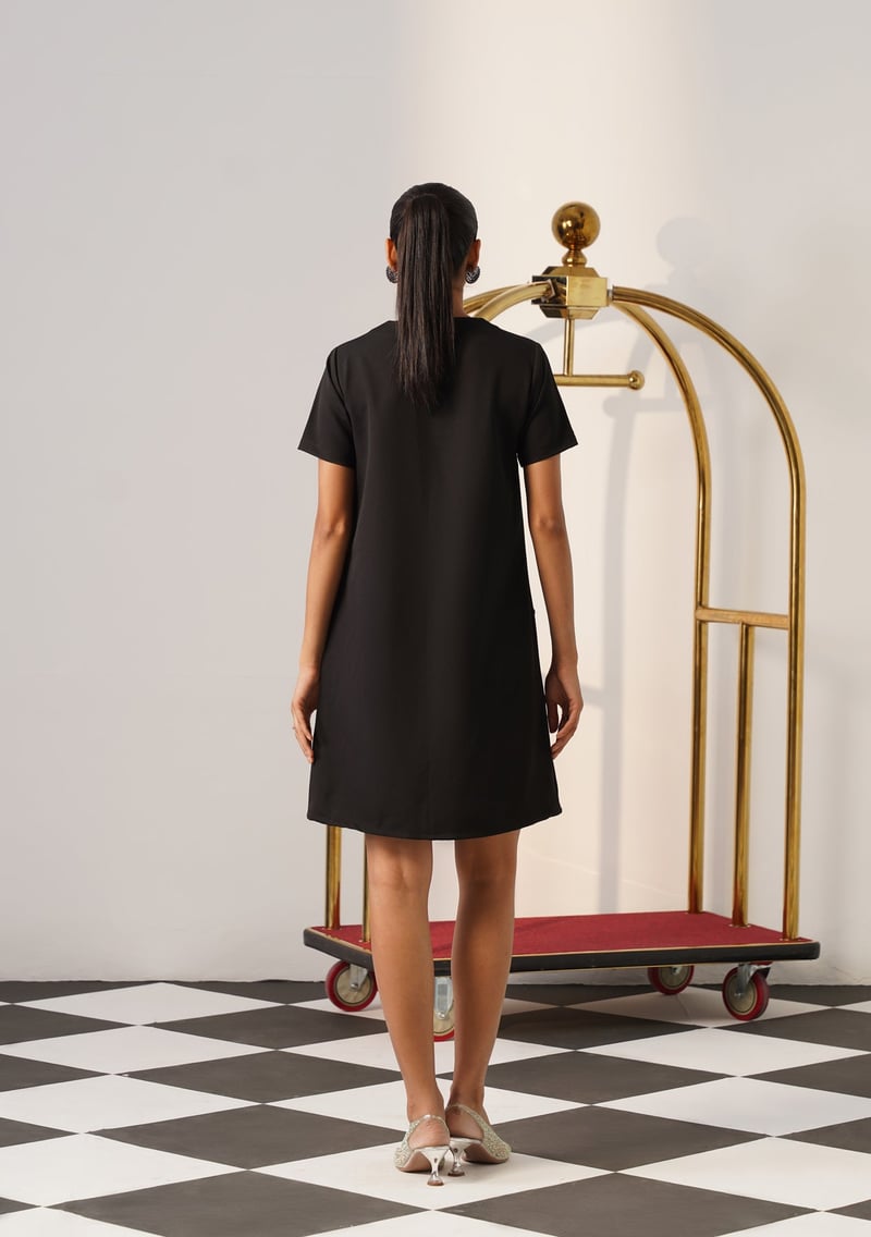 Black V-Neck Shift Dress with Floral Applique