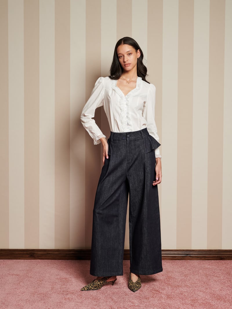 Dark Denim High-Waist Peplum Wide-Leg Trousers
