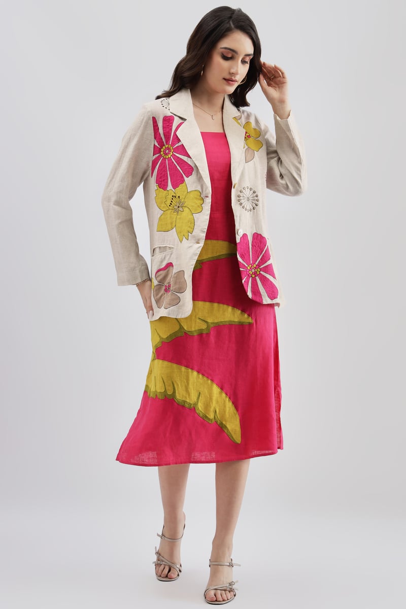 Beige Linen Floral Print Tailored Blazer
