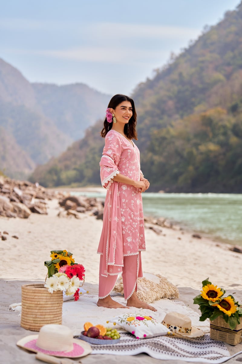 Pink Cotton Embroidered Kurta Set with Lace Trim