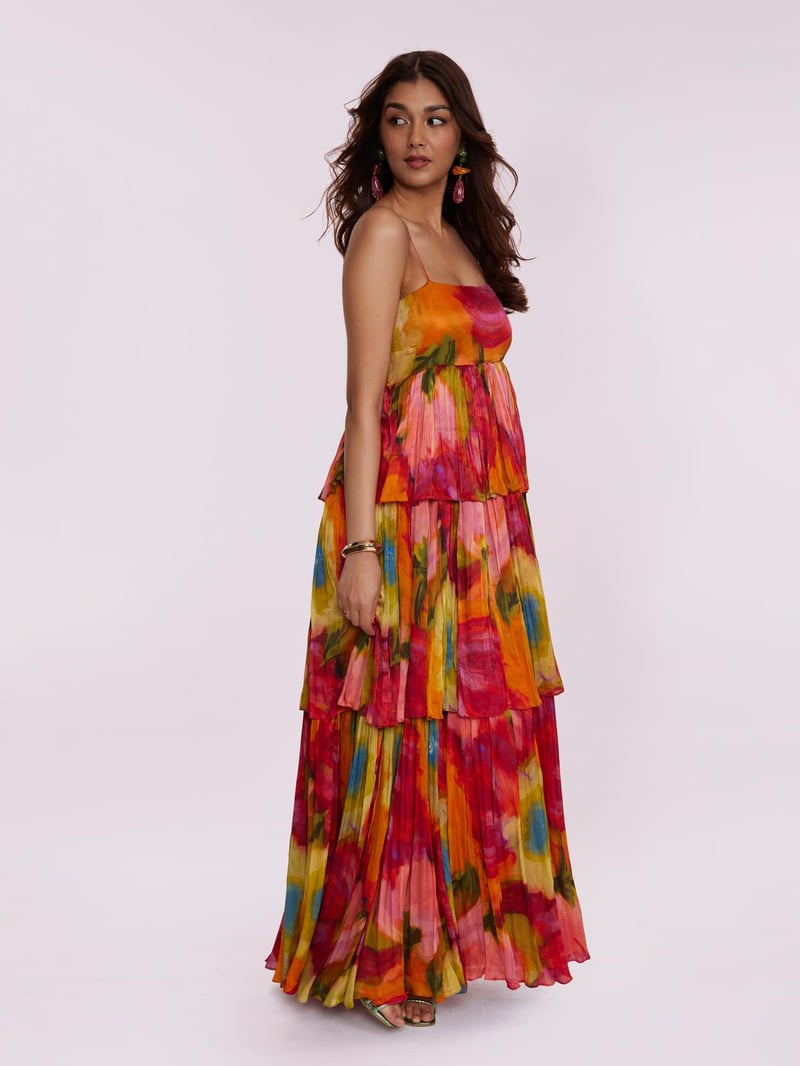 Multicolor Abstract Print Tiered Ruffle Maxi Dress