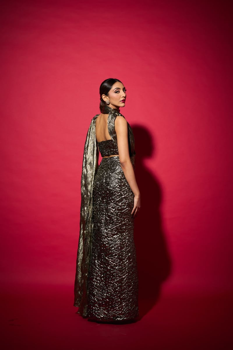 Metallic Gold Saree-Drape Maxi Gown Dress