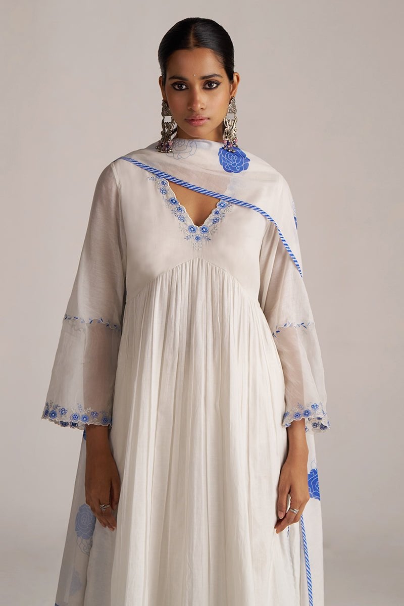 Marshmellow and Cobalt Blue A-Line Chanderi Kurta Set