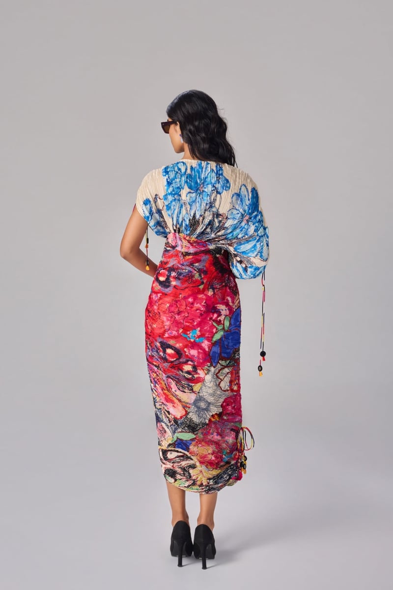 Multi-Color Abstract Floral Micro-Pleated Kaftan Midi Dress