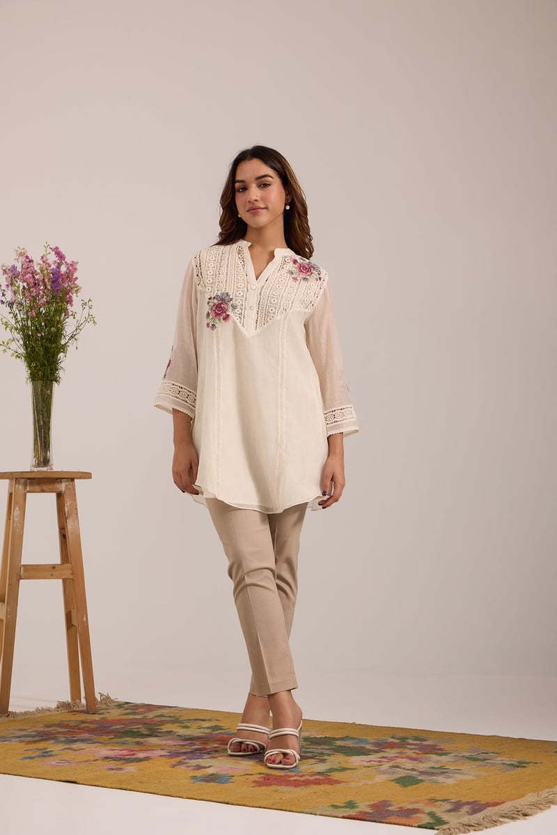 Off-White Mul Chanderi Shirt and Pants Co-ord Set