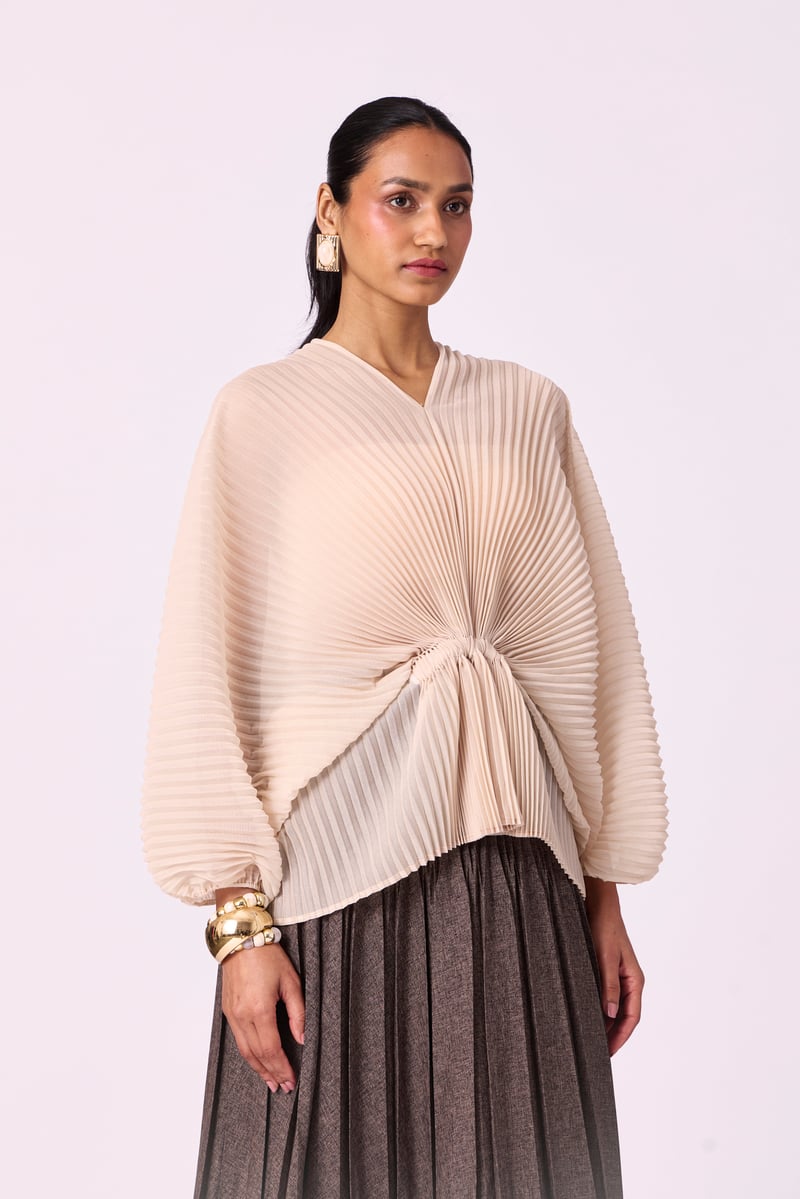 Cream Pleated Kaftan-Inspired V-Neck Batwing Top