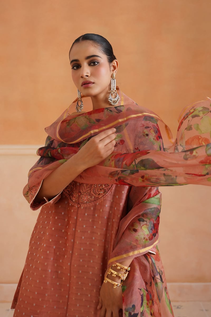 Peach Blush Embroidered Chanderi Kurta Set with Dupatta