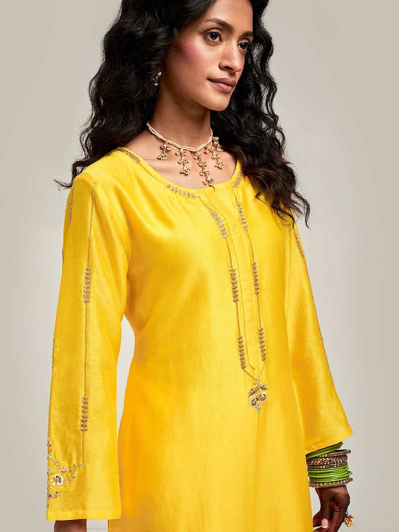 Yellow Silk Chanderi Embroidered Straight Kurta Set
