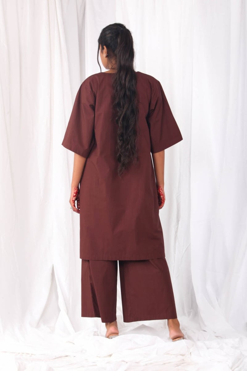Brown Poplin Cotton V-Neck Longline Top