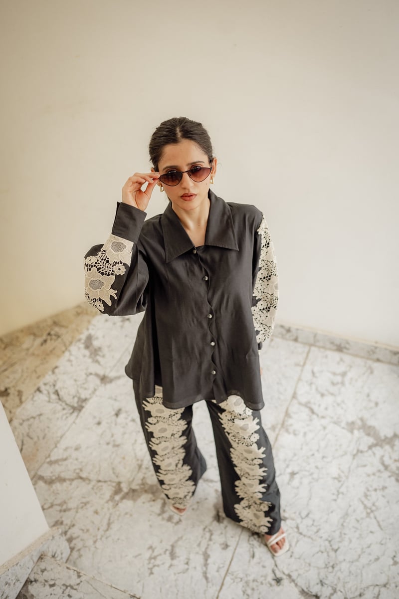 Dark Grey Lace Detail Shirt and Flared Pants Co-ord Set