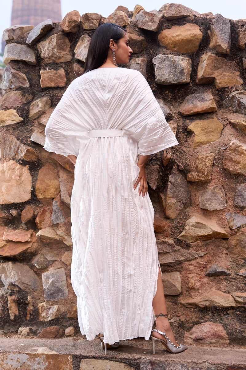 Ivory Crushed Satin Maxi Kaftan Dress with Belt