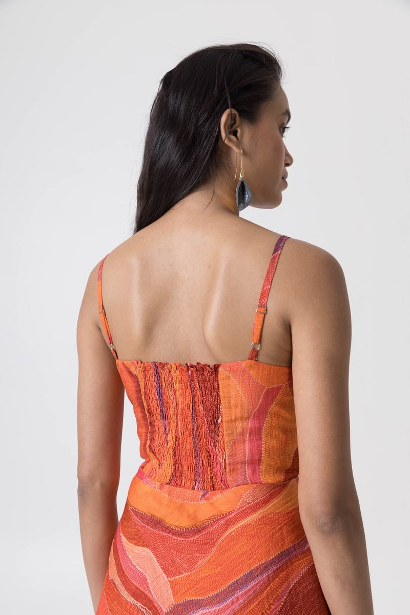 Orange Multicolor Abstract Print Fit and Flare Midi Dress
