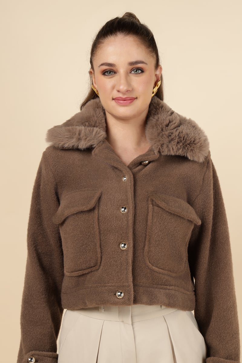 Taba Brown Cropped Jacket with Faux-Fur Collar
