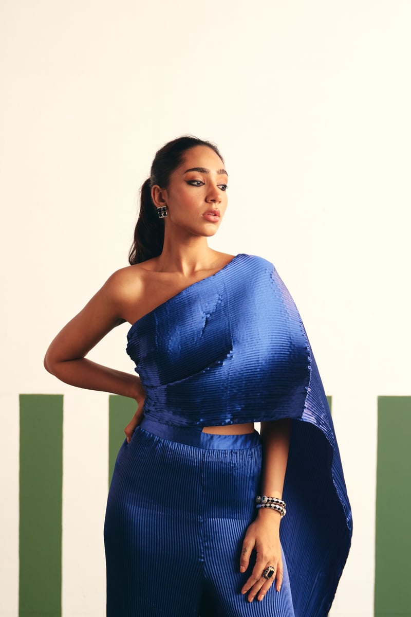 Cobalt Blue One-Shoulder Pleated Satin Drape Jumpsuit