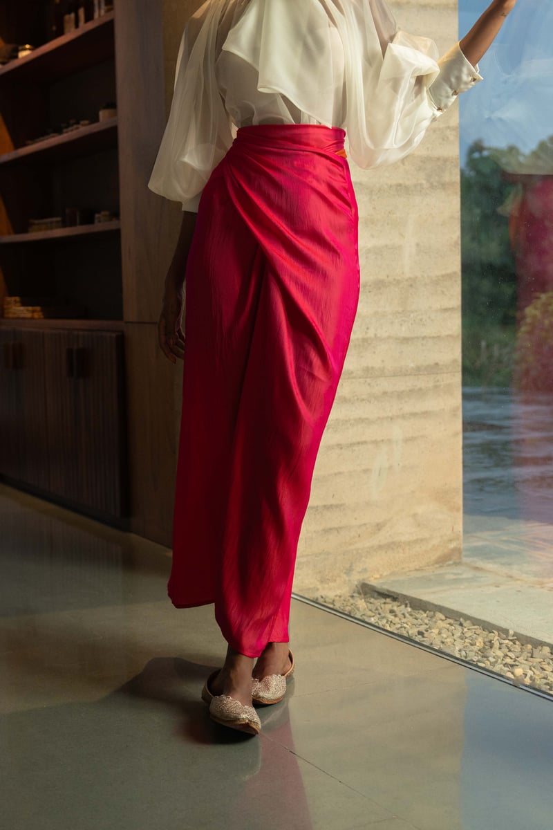 Raspberry Pink Glossy Midi Wrap Skirt with Back Tie-Up