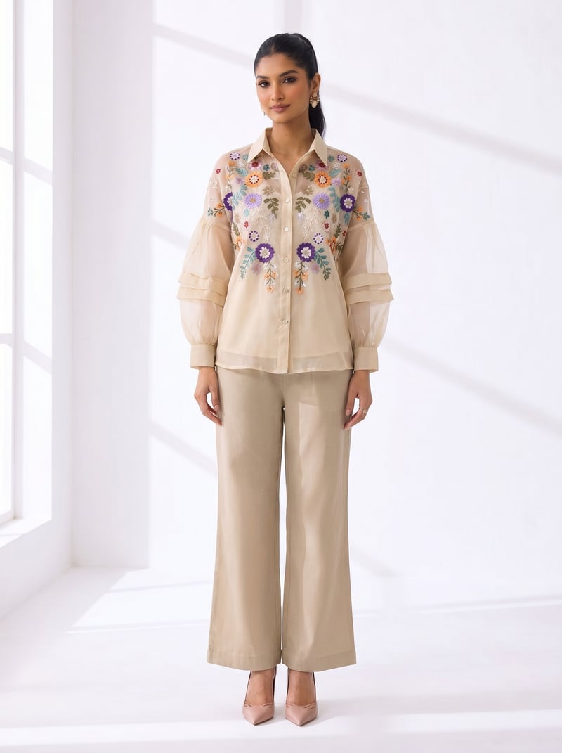 Beige Embroidered Organza Shirt and Wide-Leg Pants Co-ord — RUCHIKA MALLIKA LABEL