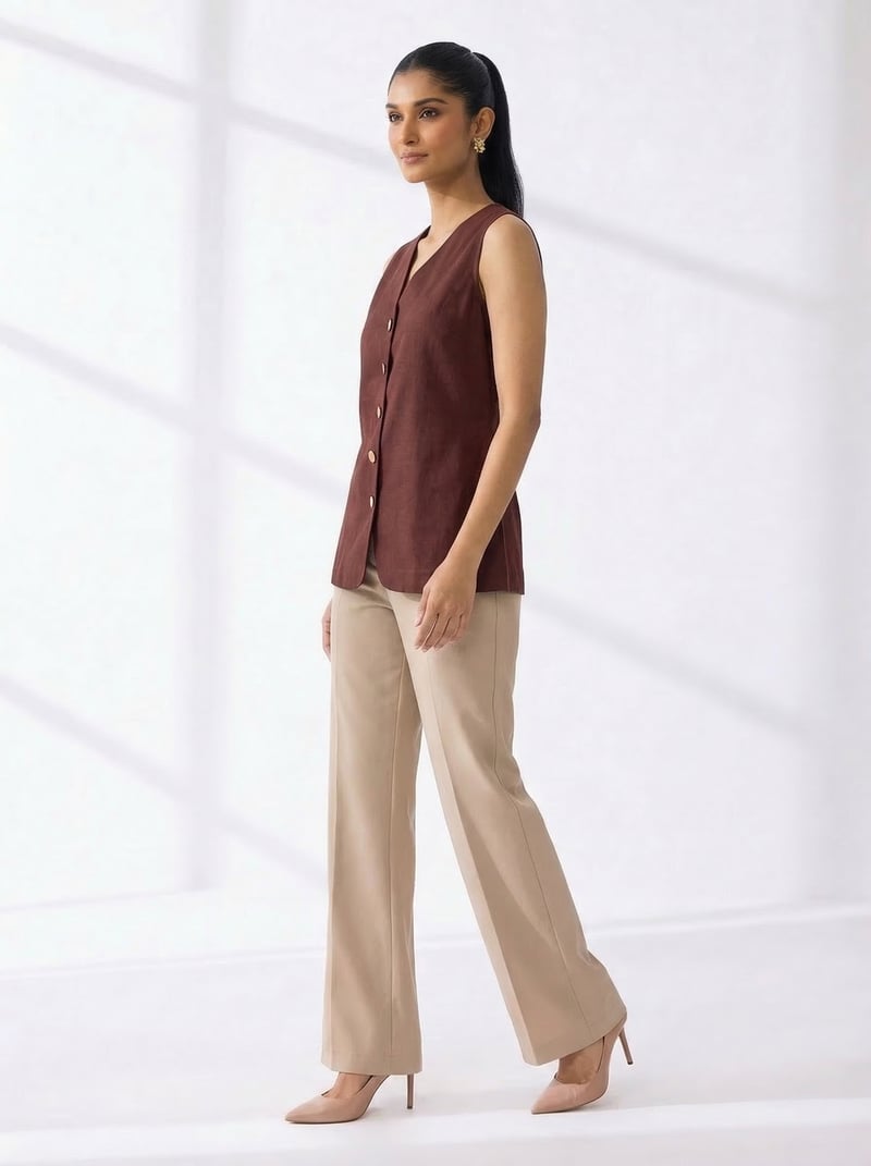 Dark Brown Linen Button-Front V-Neck Waistcoat