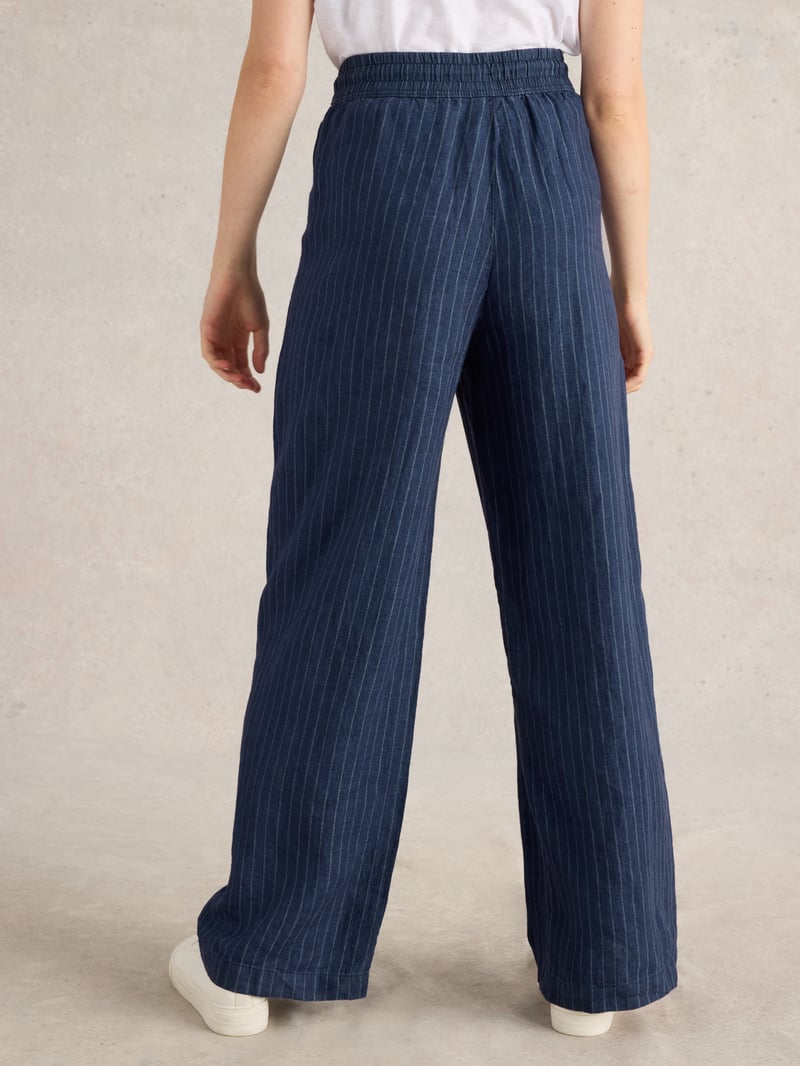 Navy Pinstripe Linen Wide-Leg Trousers