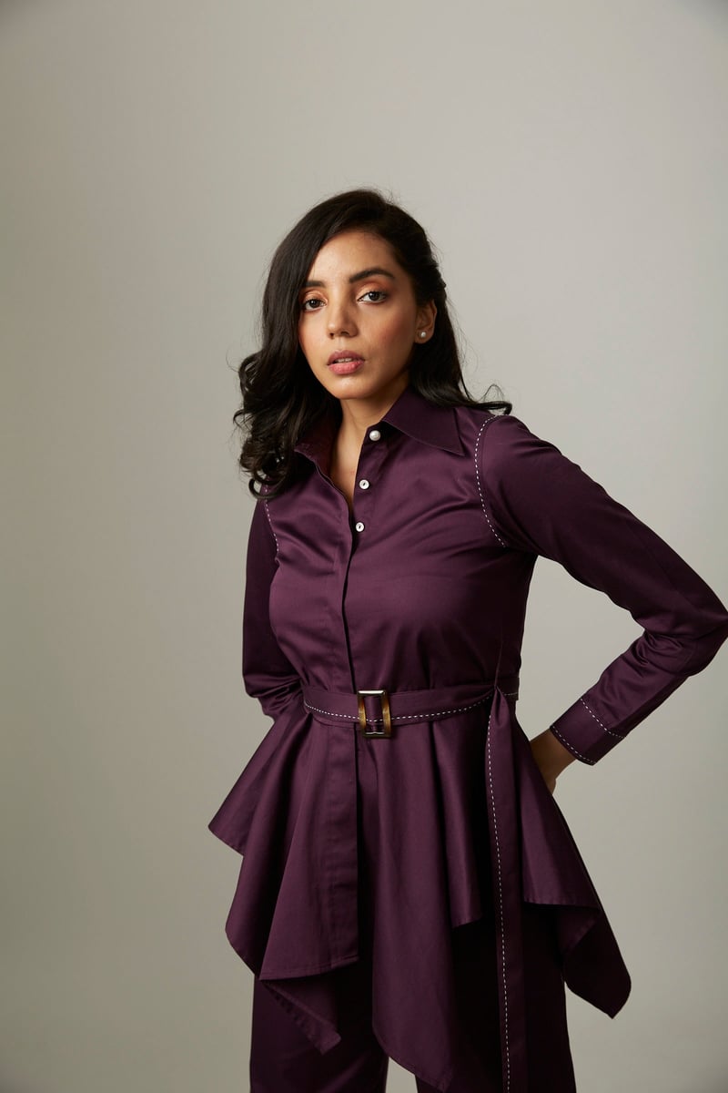 Purple Cotton Satin Shirt and Wide-Leg Pants Co-ord Set