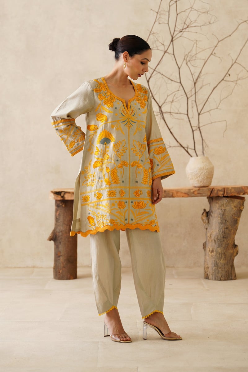 Beige Chanderi Embroidered Kurta Co-ord Set