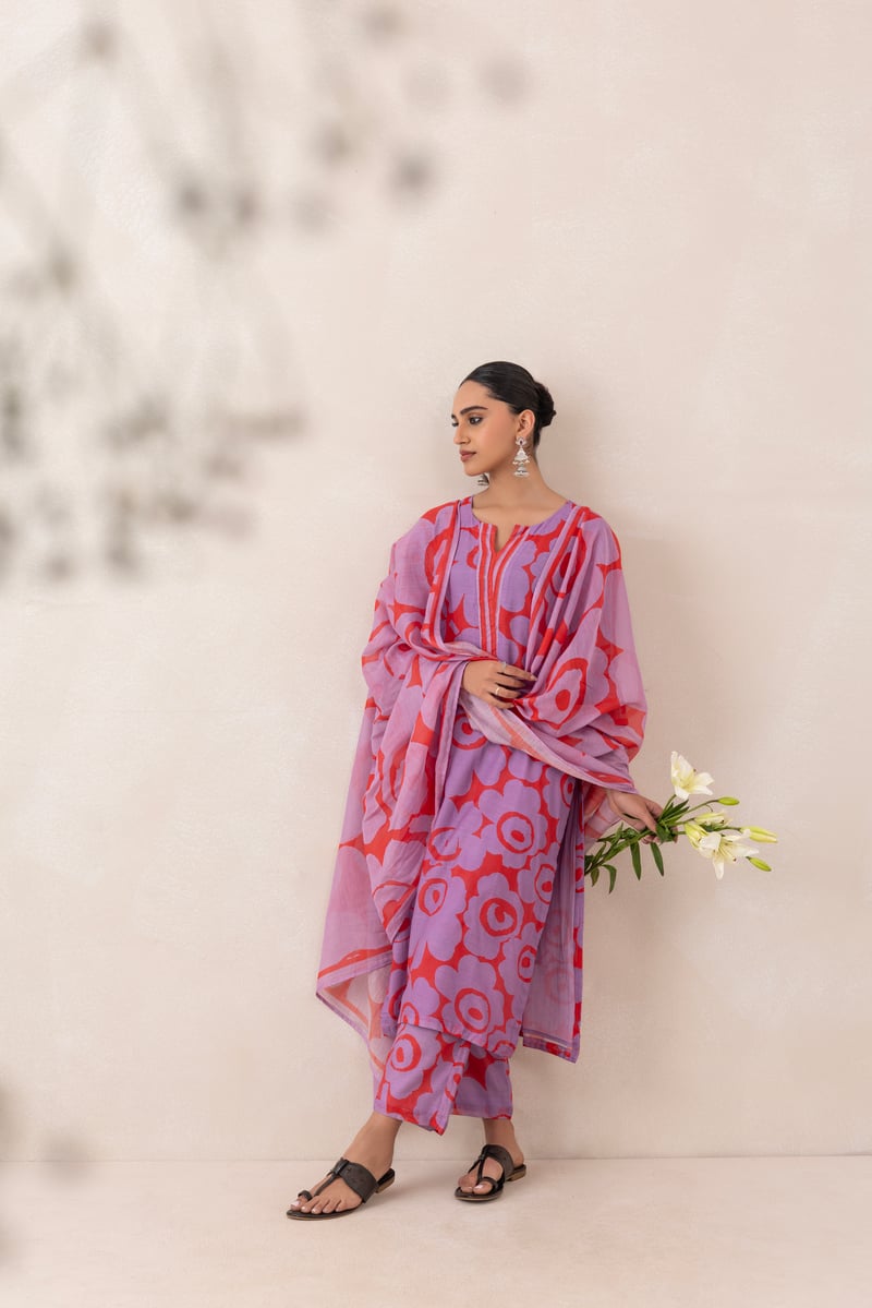 Red and Purple Printed Chanderi Kurta Set with Dupatta