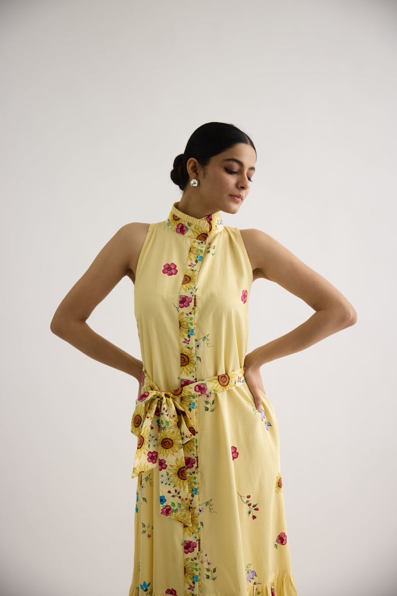 Yellow Floral Printed Tiered Maxi Dress with Waist Tie