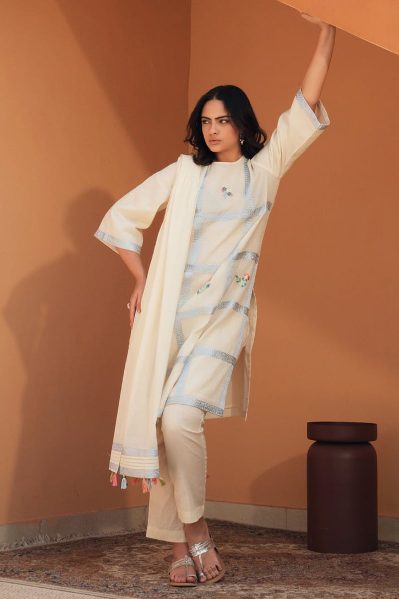 Off-White Mul Mul Kurta Set with Blue Grid Embroidery