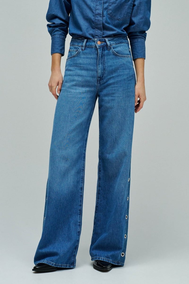 Blue Very High-Waist Wide-Leg Jeans with Eyelets