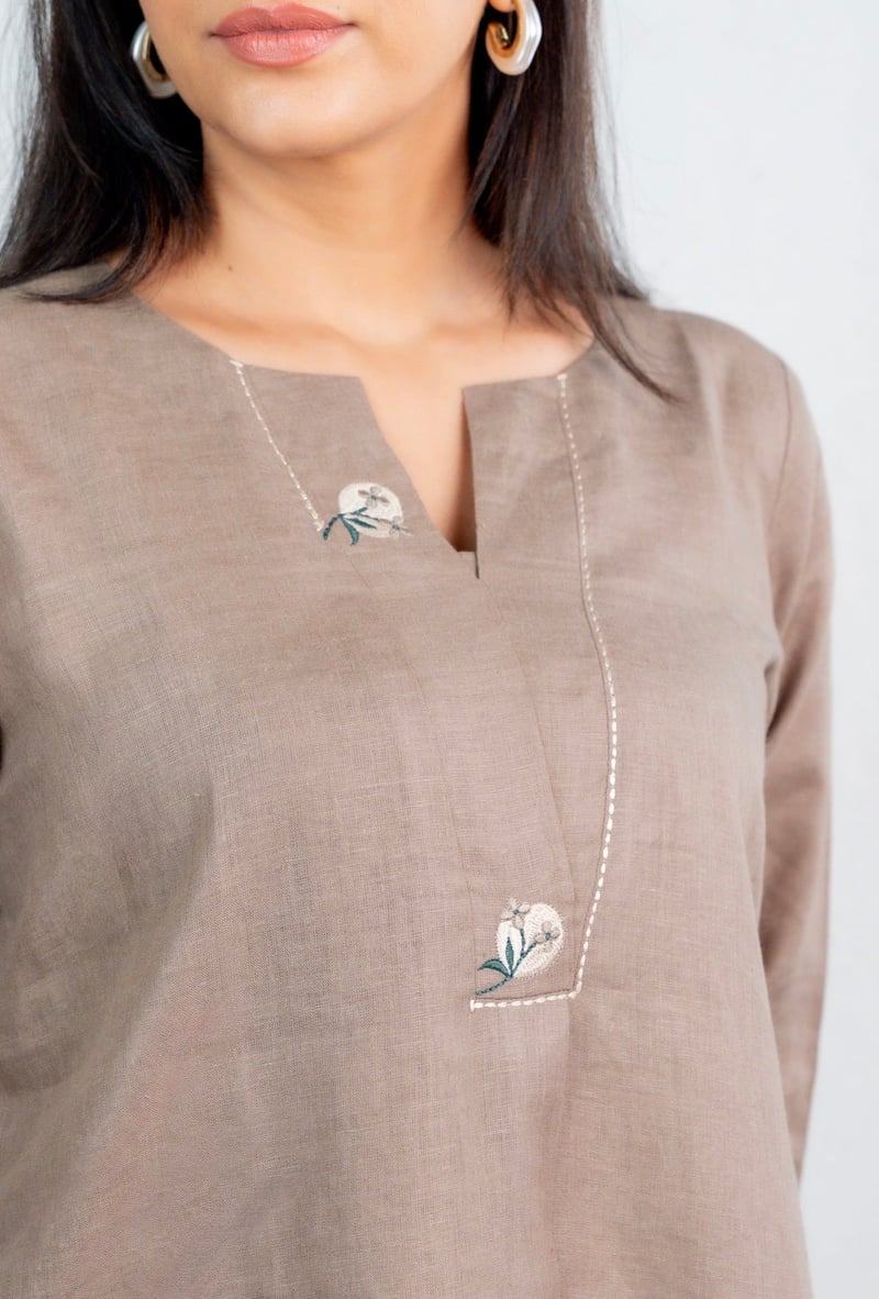 Taupe Linen Straight Kurta with Green Pant Set