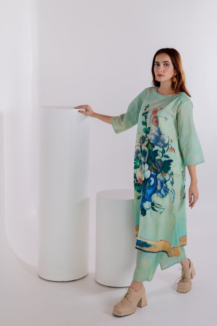 Aqua Green Printed A-Line Kurta and Pant Set