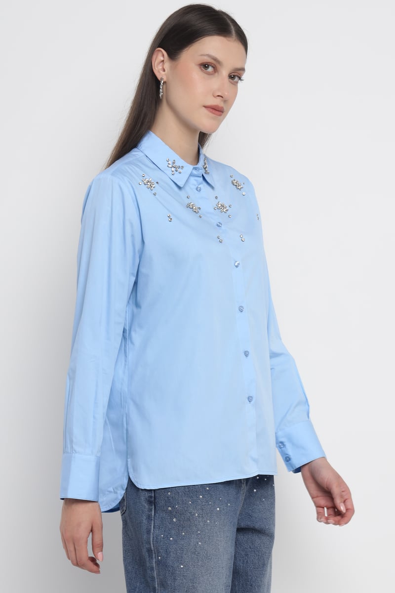 Light Blue Embellished Cotton Button-Down Shirt