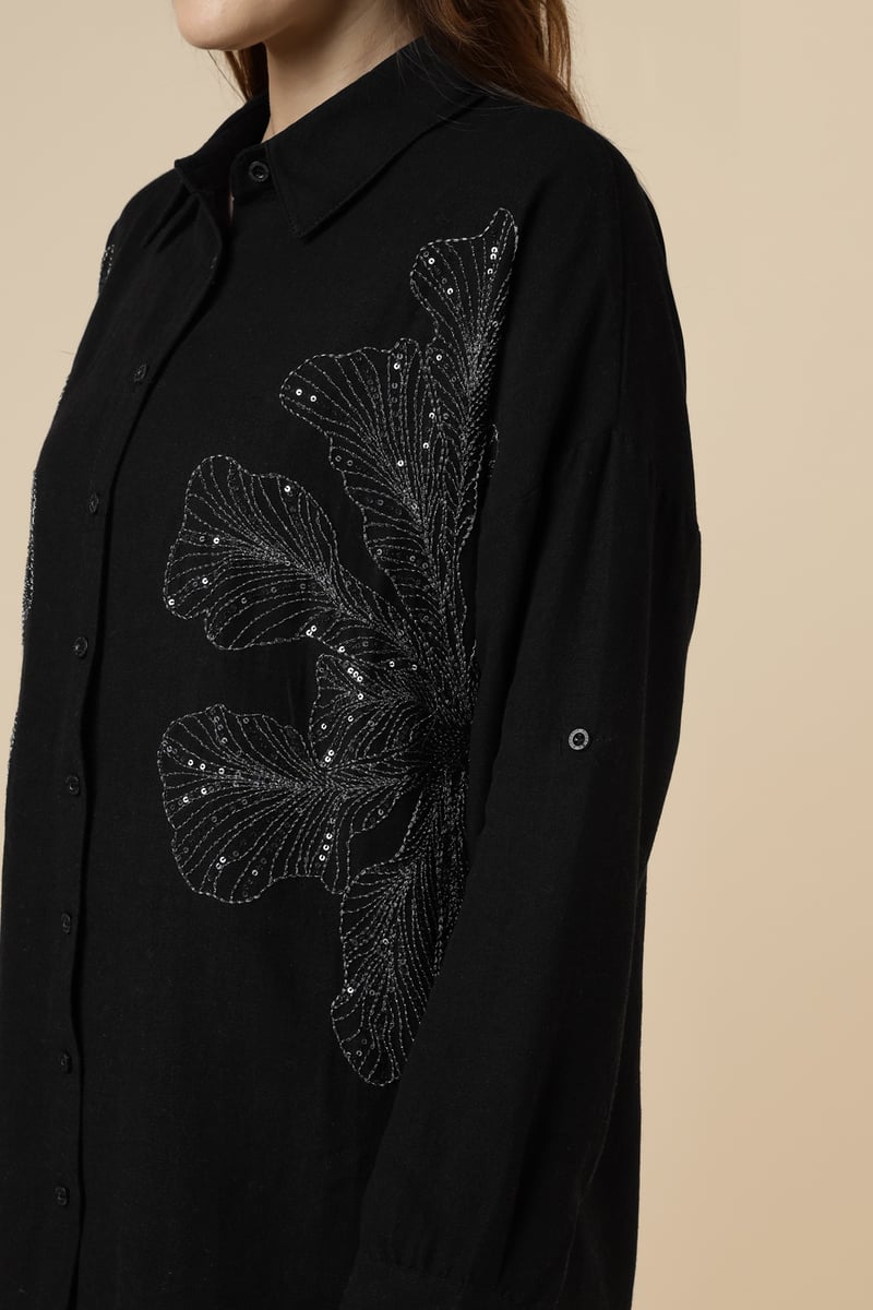 Black Longline Shirt with Silver Sequin Motifs
