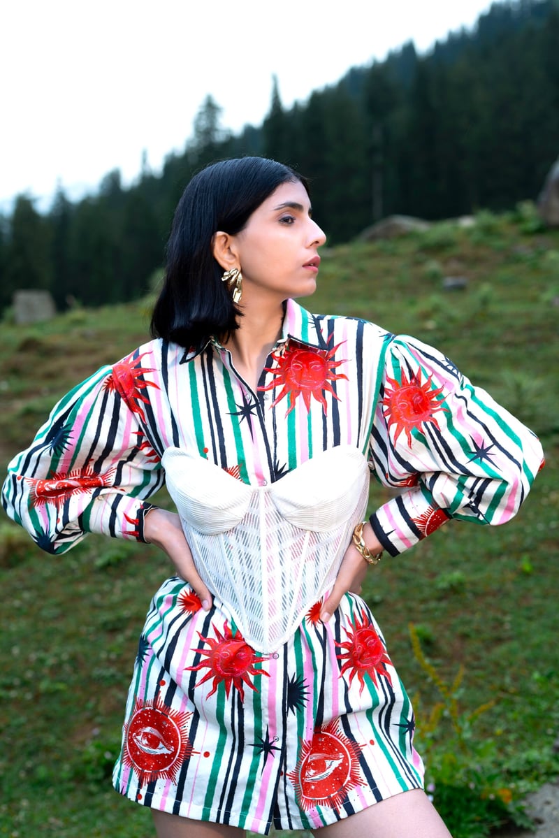 White/Green Printed Mini Shirt Dress