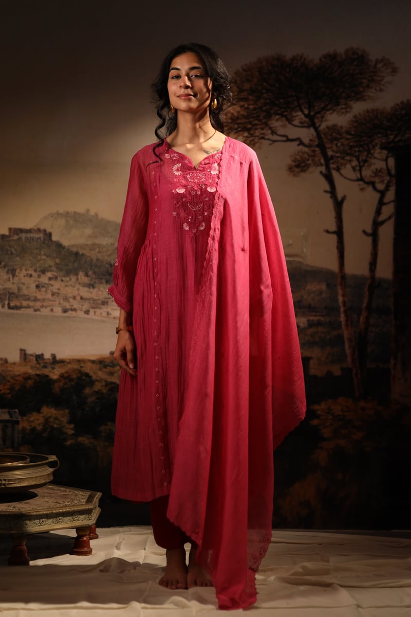 Hot Pink Embroidered Yoke Kurta Set with Pants and Slip