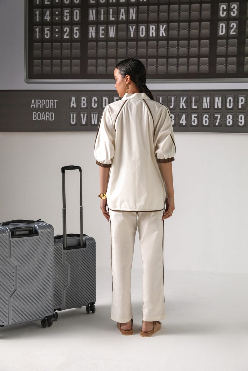 Cream Zip-Front Shirt and Pants Co-ord Set