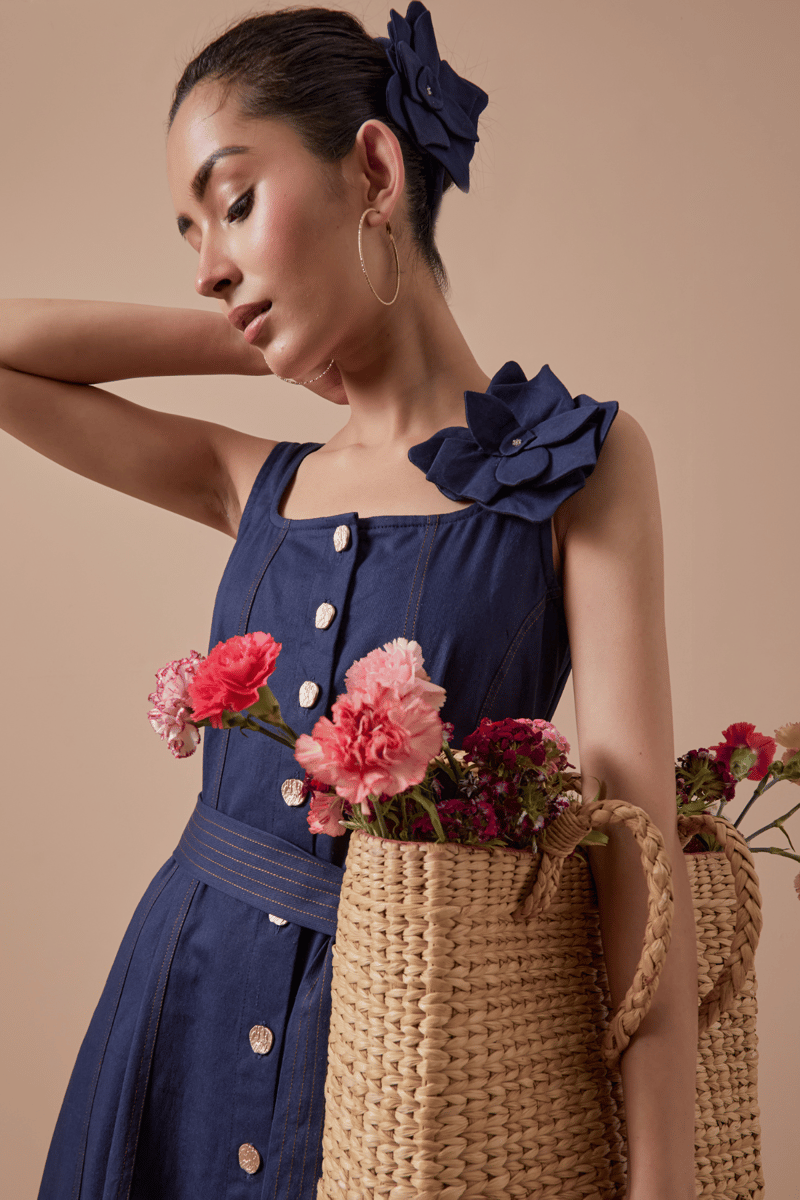 Navy Button-Front Belted Midi Dress with Flower Detail