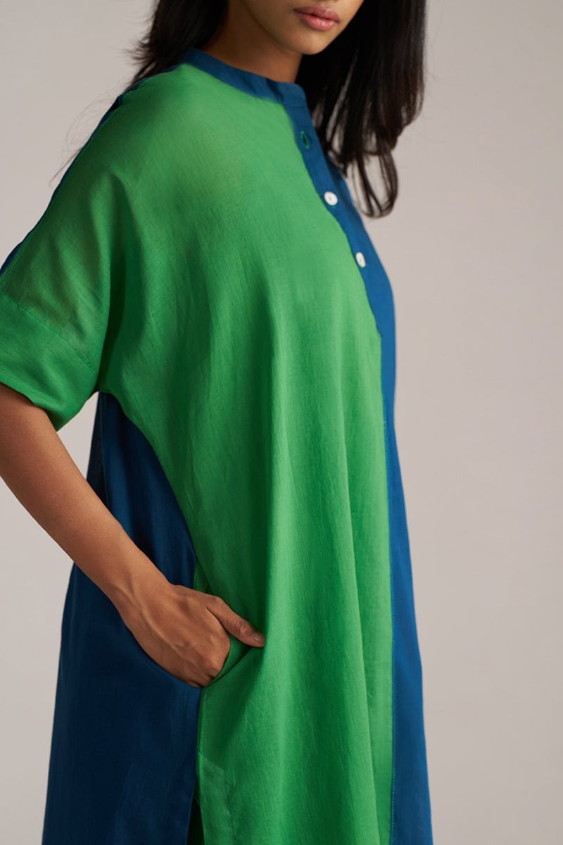 Blue and Green Colorblocked Kurta Co-ord Set with Slip