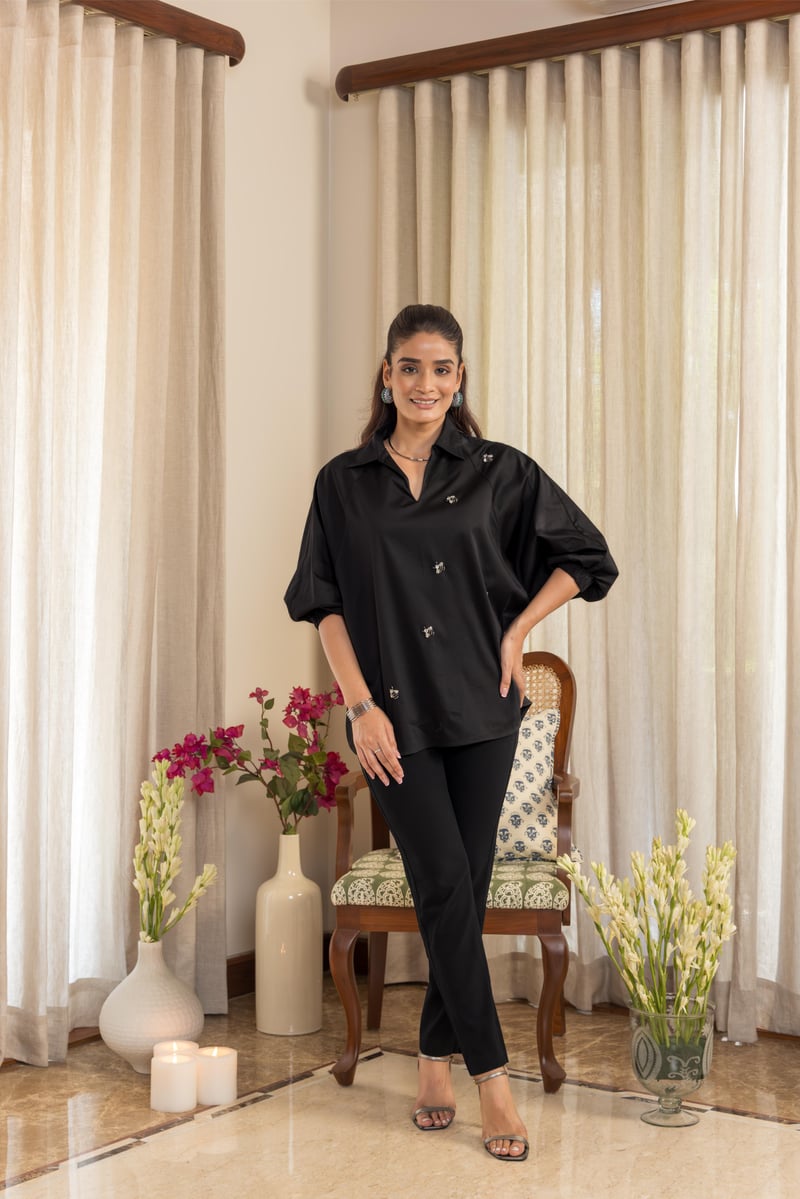 Black Satin Lycra Relaxed-Fit Embellished Shirt