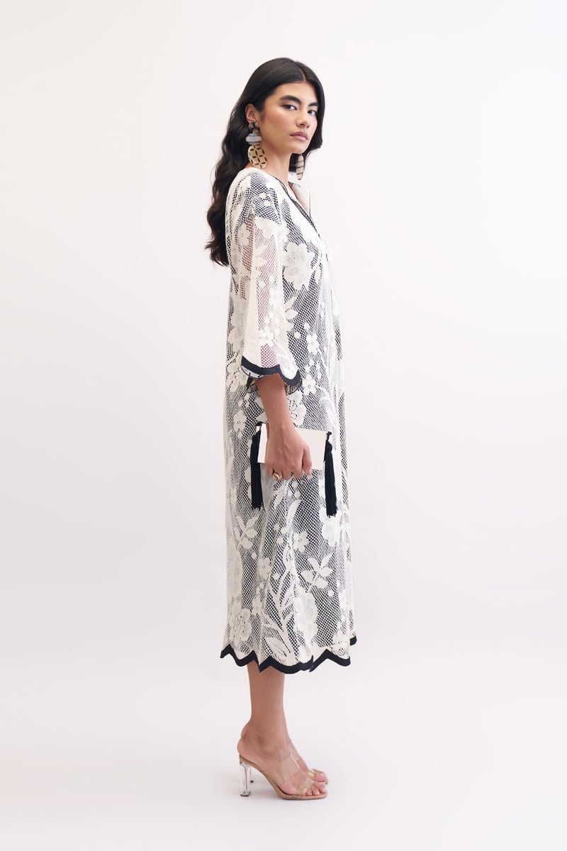 Ivory Cotton Lace Midi Kaftan Dress with Black Trim