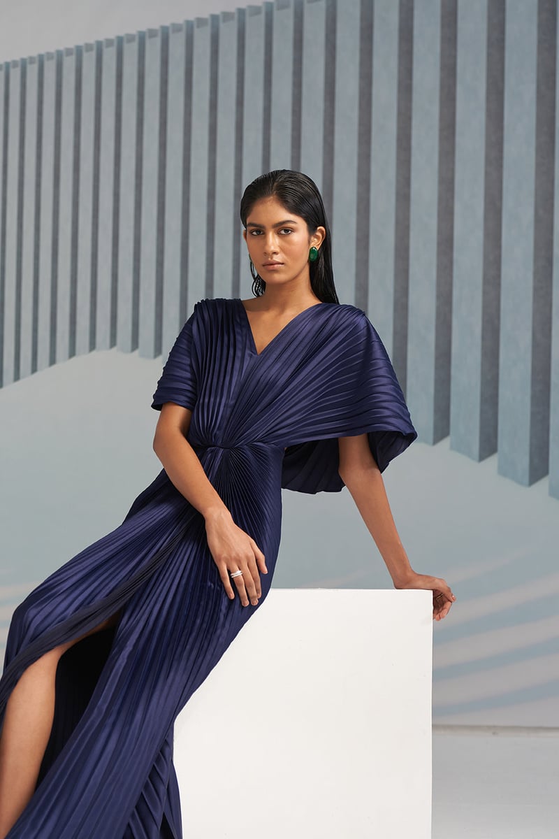Blue Pleated Maxi Gown with Cape Sleeves
