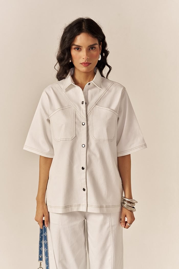 White Denim Oversized Shirt and Flared Pants Co-ord Set