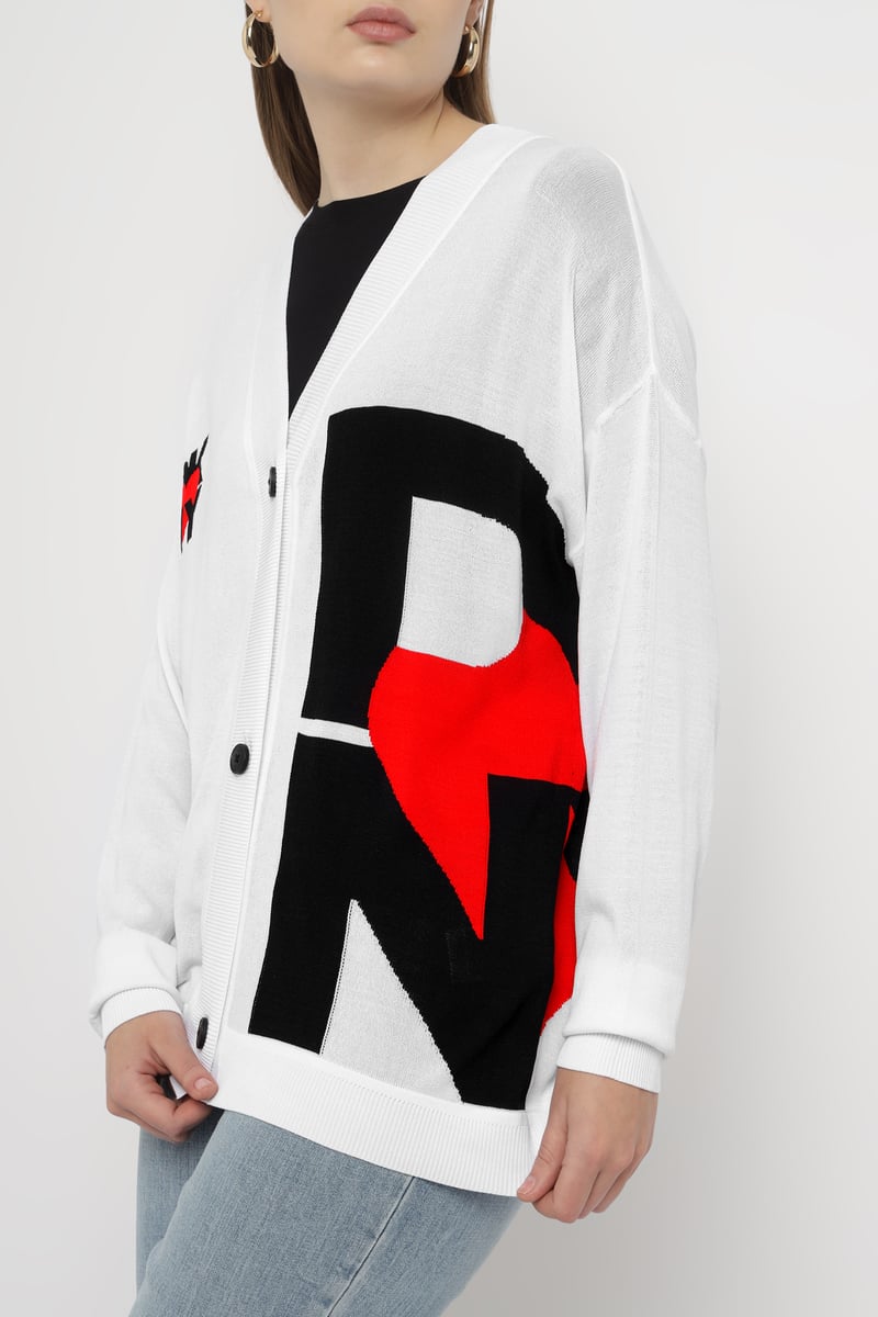 White Colorblock Graphic Button-Up Longline Cardigan