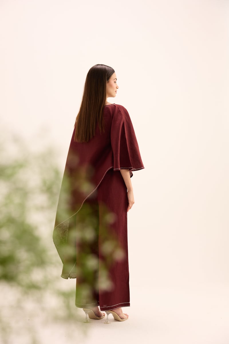 Burgundy Linen Asymmetric Cape Top and Pants Co-ord Set