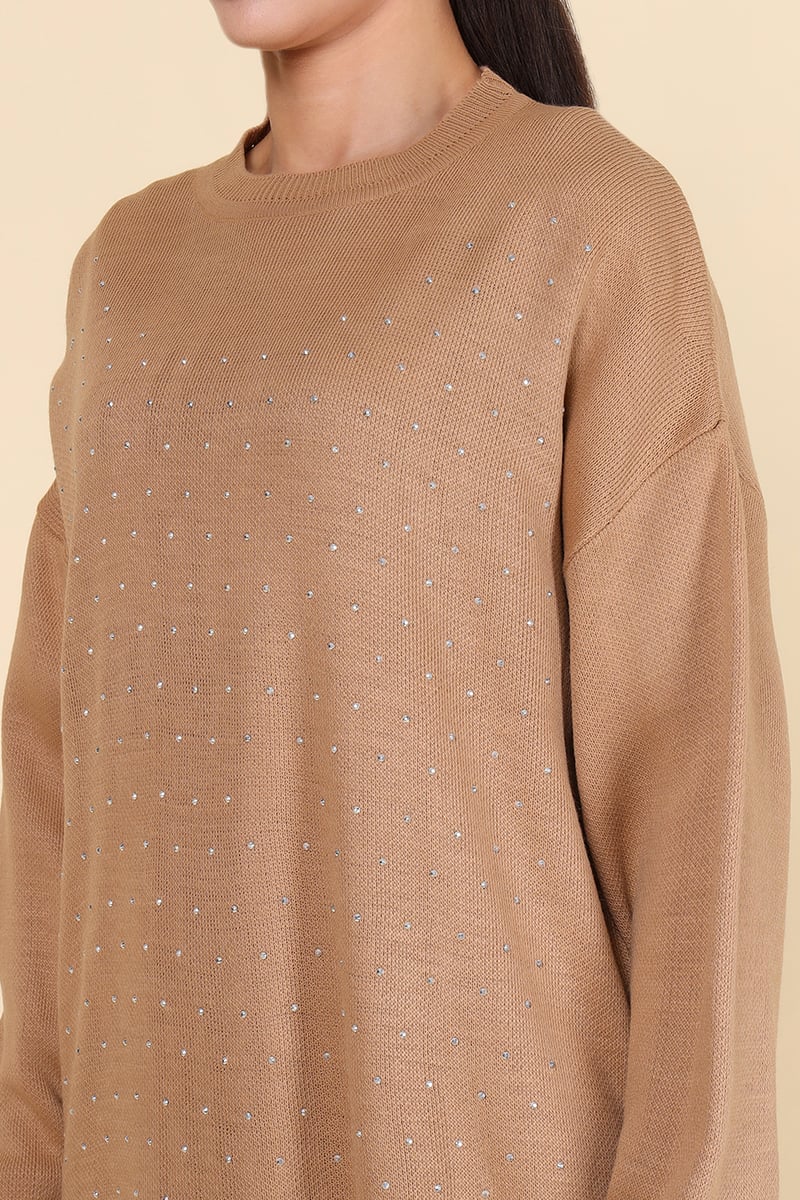 Brown Studded Knit Top and Wide-Leg Pants Co-ord Set