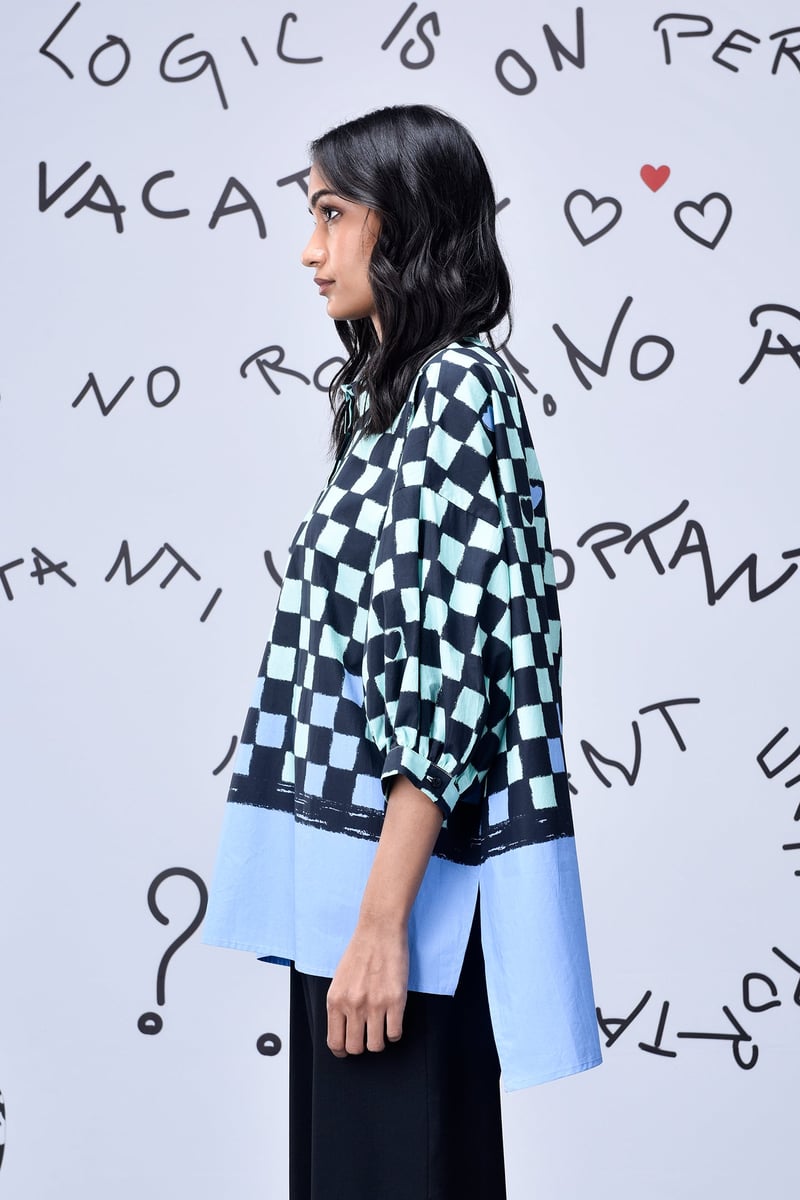 Blue Green Chessboard Check Free Size Oversized Shirt