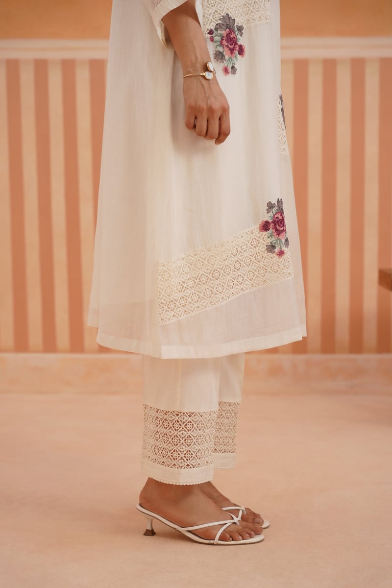 Off White Sheer Chanderi Shirt Kurta Set with Lace Panels