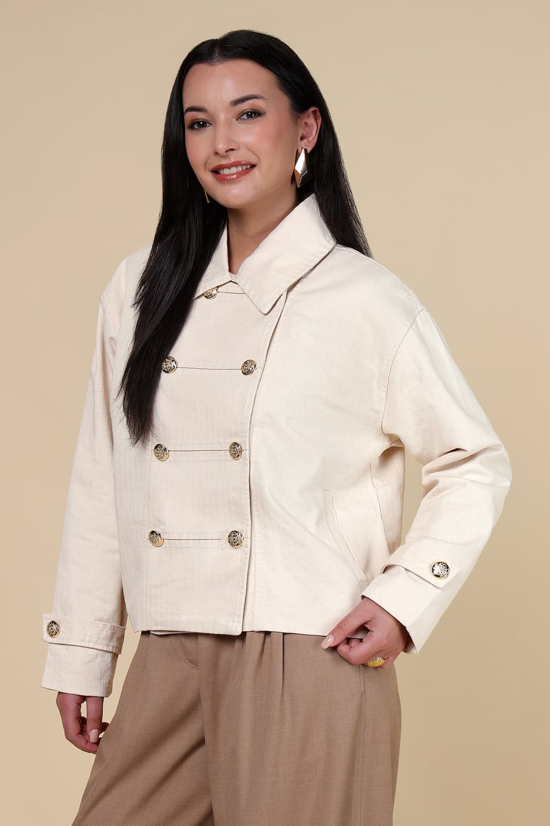 Beige Tailored Double-Breasted Style Button Jacket