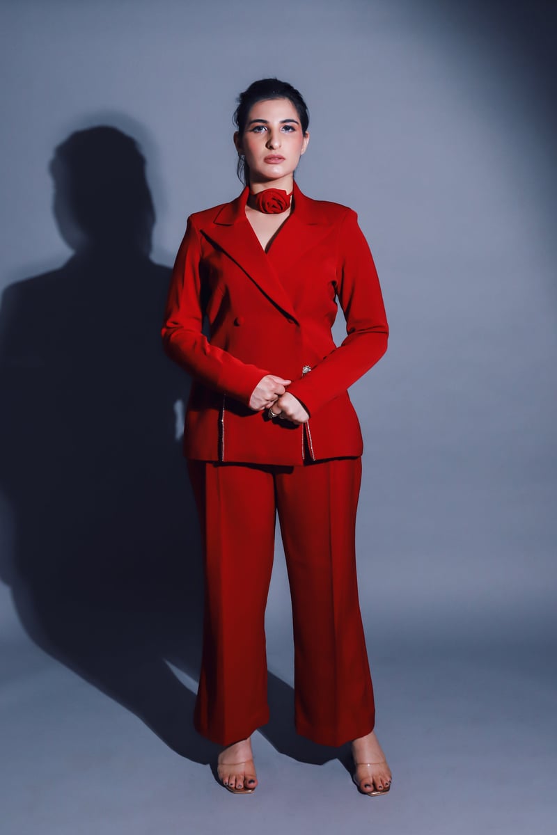 Red Crystal-Detail Blazer and Pants Tailored Set